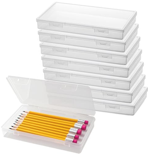 HEIYUET Set med 8 plastpennaskar - 19,5 x 11,5 x 3 cm - Multifunktionell pennask med lock och klicklås - Stapelbara pennaskar - Organisationslösning för skrivbord
