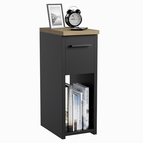 ComfortCove Nachttisch, Nachtschrank, B20 x H55 x T30,5 cm, Schwarz/Eiche | Nachtkästchen, Schmaler Nachttisch, Schlanker Beistelltisch mit Ablagefach und Griff