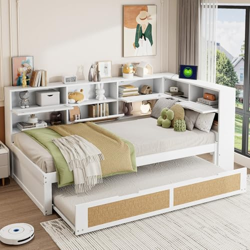 KOMHTOM Canapé-lit Convertible 90 x 190cm avec Lit Gigogne, Lit de Jour avec 2 Tiroirs, Ports USB + Type-C, Compartiments de Rangement et éclairage LED(sans Matelas) (90x200cm-Blanc)