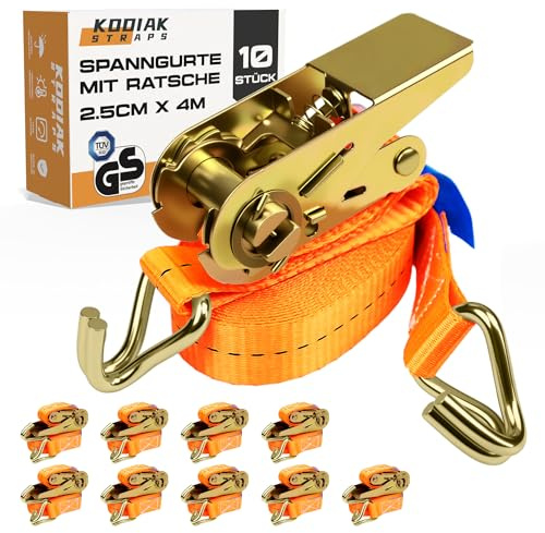 10 Stycken Spännremmar 4m x 1000kg med Spärrhake och Krok - 25mm Surrband med Spännbroms - Orange Spännbandsrem för Lastsäkring - TÜV/GS-certifierad, enligt DIN EN 12195-2 - KODIAK STRAPS