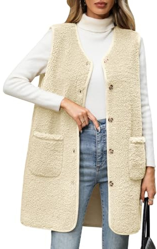 Tuopuda Gilet in Pile Teddy Donna Lungo Cappotto Senza Maniche Elegante Termico Giacca Senza Maniche con Bottone e Tasche(Beige,L)