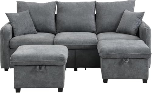Hommdiy Multifunktionale Ecksofa U-Form-Dreisitzer Polster-Sofa mit Staufunktion – Inklusive Schubladen + Hocker mit Staufach, modular zerlegbares Sofa-Set mit Schlaffunktion (Dunkelgrau)