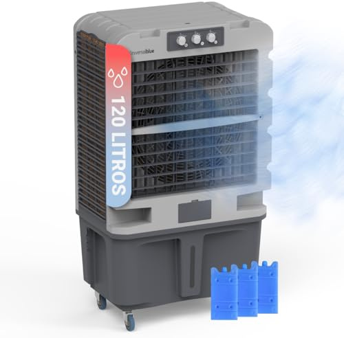 UNIVERSALBLUE Climatizador Evaporativo 120L, Caudal 10.000 m³/h, Cobertura 80 m², 350W, 3 Packs de Hielo, con Ruedas, Interiores y Exteriores, Almacenes