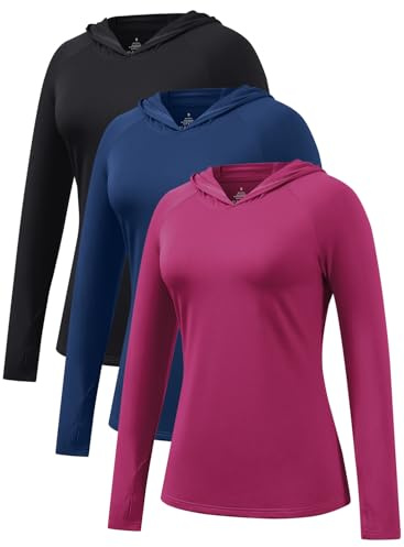 Ullnoy 3 Pack Women Long Sleeve Hoodies Protection Sun UPF 50+ Lightweight Gym Running Tops UV Breathable Quick Dry With Thumb Holes T-Shirt for Women Black/Navy/Rose L