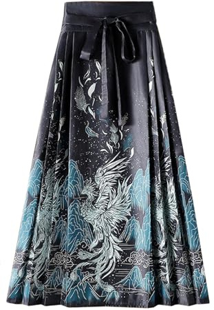 FQLGJMY Femmes Cheval Visage Jupe Impression Plissée Cravate Jusqu'à Une Longue Jupe de Style Chinois Ming Dynastie Hanfu