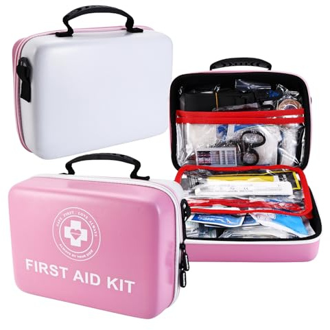 Large First Aid Kit - 410 Piece Dual-Color Emergency Kit with Hard Shell,Professional Survival Kit for Home, Car, Travel, Hiking & Outdoor(Pink/White)