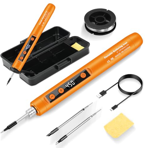 Daakro Kit de fer à souder 2 en 1 avec batterie 180-450 ℃ avec température réglable, avec affichage LED, fer à souder rechargeable par USB, boîte à outils, kit de fer à souder sans fil, 3 pointes de