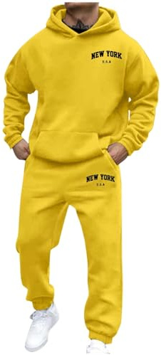 Generisch Tuta da jogging da uomo, in cotone, per il tempo libero, con cappuccio, a maniche lunghe, con tasche, 2 pezzi, per il fitness, con cappuccio, giallo., S