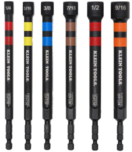 Klein Tools 32940 SAE Magnetic Hollow Impact Nut Drivers Set, 6-Piece Color Coded Hollow Power Nut Driver with Extended Reach, 6 SAE Sizes