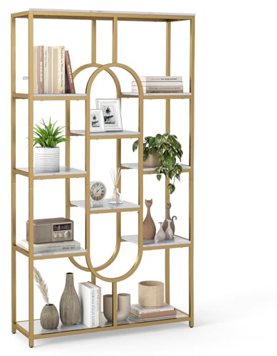 COSTWAY 8/10-Tier Bookshelf, Industrial Etagere Bookcase with Open Storage Shelves, Freestanding Metal Frame Tall Display Shelf Storage Organizer (White + Gold, 95 x 30 x 175 cm, 10)