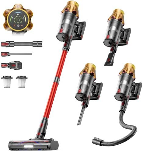Akku Staubsauger 55KPa/650W/70Min, 1,8L Großer Staubsauger Kabellos LED Display, Anti-Tangle-Bürste, Selbststehend, Wandladestation, 1.5M Schlauch, Ultraleise, für Tierhaare/Teppiche/Hartböden/Auto