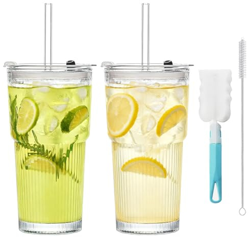 Set di 2 bicchieri in vetro con coperchio e cannuccia, bicchieri in vetro striato, bicchiere Matcha da 600 ml, bicchieri da tè in vetro, bicchieri da tè Iced Tea Glasses, con spazzola per la pulizia