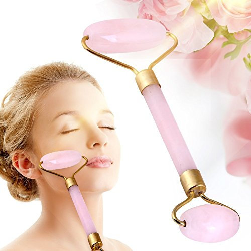 Jade Rosenquarz Double Roller Massagegerät, Premium Anti Aging Jade Roller für Gesicht 100% natürliche Edelsteine ​Massagewerkzeug, Hals Hautverjüngung und Körper Entspannung