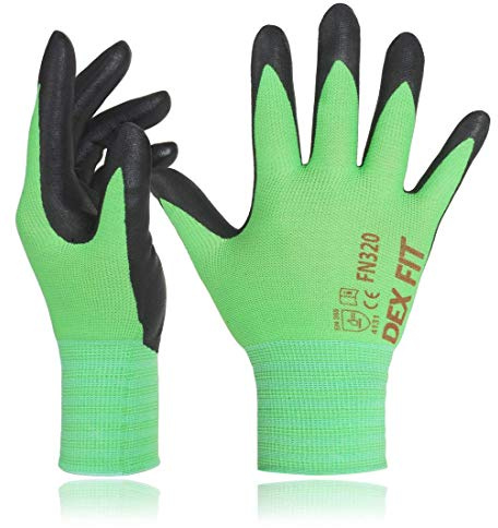 DEX FIT Nitrile Work Gloves FN320, 3D Comfort Stretch Fit, Power Grip, Durable Foam Coated, Thin & Lightweight Premium Nylon, Machine Washable; Green 7 (S) 3 Pairs