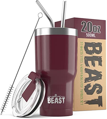 Beast Tumbler - 550 ml (20 oz), Cranberry | Reusable Stainless Steel, Vacuum Insulated Cup | with + 2 Straws & Cleaning Brush | Double Wall Travel Flask Perfect for Hot or Iced Coffee | BPA Free