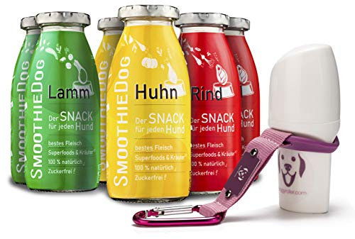 Doggyroller mit SmoothieDog Hundesmoothie 6er Mix Klassik - 100% getreidefrei, für alle Hunde, 3 Sorten - Lamm, Rind und Huhn, natürlicher und zuckerfreier Hundesnack, 6X 250 ml, Farbe Rosa