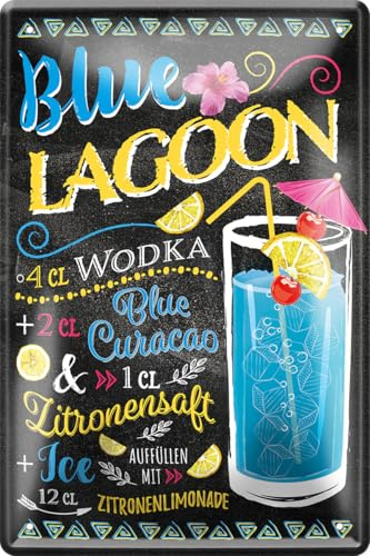 schilderkreis24 - Cartel de chapa para cóctel, receta, decoración de metal, para todos los mostradores de bar o pub, regalo de cumpleaños o Navidad, 20 x 30 cm (Blue Lagoon)