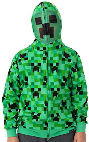Minecraft Game Creeper Camo Face Zip Up Fleece Hoodie for Boys & Girls – Green, Kids/Youth Size Small