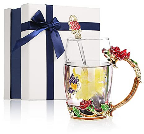 Haofy Coffret Cadeau Tasse à Thé, Ensemble de Tasses à Café en Verre Fantaisie avec Cuillère, Chiffon de Nettoyage et Boîte-Cadeau, Cadeaux Parfaits pour Femmes ou Filles (350ml)