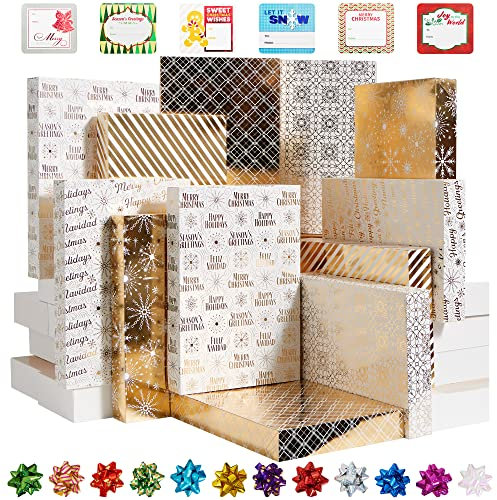 JOYIN 12 PCS Weihnachten Shirt Geschenk Box, 15 x10 x 2 Zoll, 6 Goldfolie Malerei Designs Shirt Geschenk-Boxen, Wrapping Box mit Deckel, Boden, Schleifen, und Geschenk-Tag Aufkleber für Verpackung