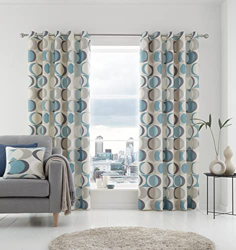Fusion Strata Duck Egg Retro Geometric Eyelet Curtains – W66 x L90 (168x229cm) – 2 Panels – 100% Cotton – Crescent Circle Drapes – Bedroom/Living Room
