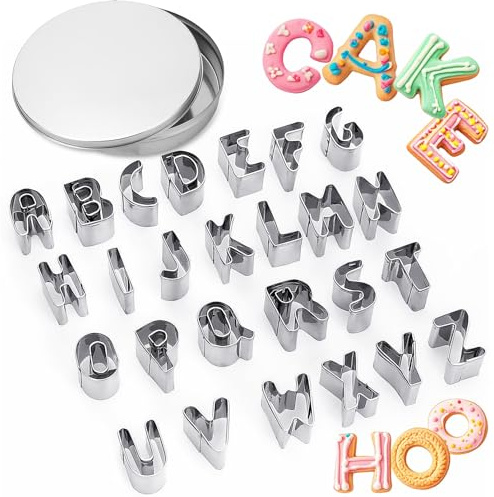 ofone Pequeños cortadores de galletas del alfabeto (A - Z), 26 cortadores de letras para fondant, de acero inoxidable, para hornear pasteles, pasteles, arcilla polimérica, frutas
