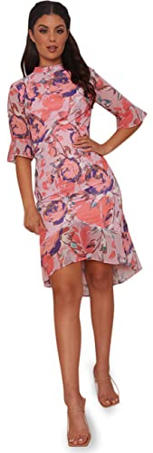 Chi Chi London Dam volangklänning med blommigt tryck, rosa cocktail, 8, Rosa, 34 SE