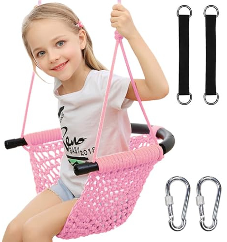 Hi-Na Tree Swing for Kids, Adjustable Toddler Rope Swing Seat with Snap Hooks and Straps, 440 lbs Capacity, Swingset Accessories for Indoor Porch Doorway Outdoor Playground Backyard (Pink)
