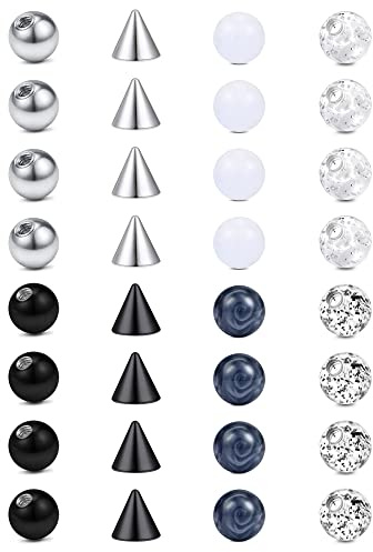Rajnard Piercing Palla di Ricambio 16G 3mm Sfere di Ricambio per Piercing sul Labbro Septum Helix Tragus Sopracciglio Rook Daith Piercing Gioielli Donna Uomo 32Pcs Argento e Nero