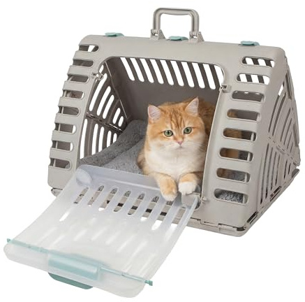 SportPet Designs Faltbare Transportbox für Katzen, Kunststoff-Transportbox mit Vordertür, zusammenklappbar, mit wasserdichtem Bett
