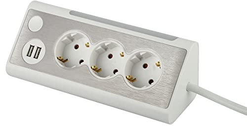 maxtrack Tischsteckdose NV70-1,5WL 3-Fach Eck-Mehrfachsteckdose 2X USB-Ladeanschlüsse und LED-Beleuchtung, Mehrfachsteckdose für Zuhause mit Knopf zum EIN-Ausschalten der LED-Beleuchtung, 1,5m Kabel