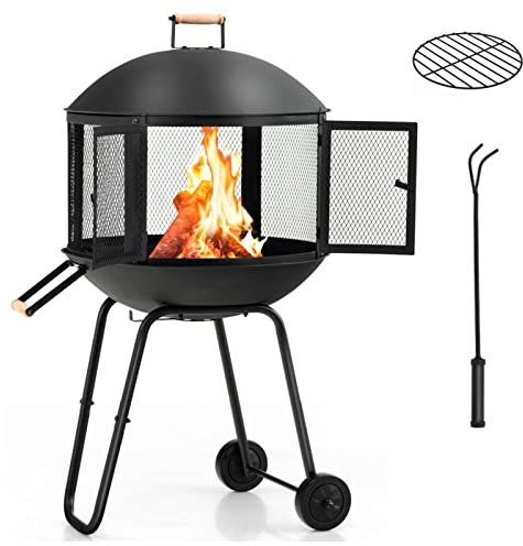 TANGZON 2-In-1 Rolling Fire Pit, Round Wrought Iron Garden Firepit Bowl with 2 Wheels, Removable Grate, 2 Handles & Fire Poker, Outdoor Wood Burning Stove Patio Burner for Backyard Camping BBQ Bonfire