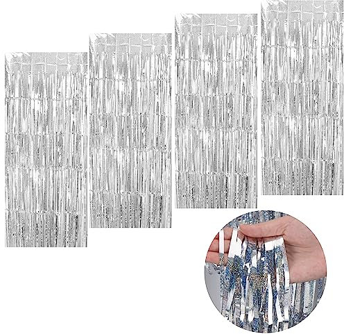 4 Stück Lametta Vorhang Silber, Glitzer Vorhang Party Deko,Tinsel Folie Vorhang Folienfransen Vorhang für Partydekor Geburtstags Verlobung Hochzeit