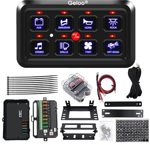 Geloo 8 Gang Schalter Panel Kit, 12V Schaltrelais-System RGB Sieben Farben | Schalttafel Wasserdicht mit Automatischer Dimmbarer Sicherungskabelbaum Moment-kippschalter für Auto LKW Wohnmobile Boot