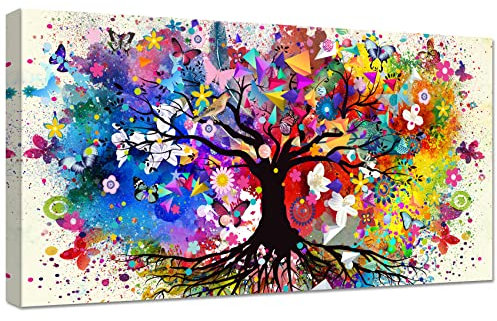 Wooden Framed Large Canvas Wall Art Colorful Tree of Life Painting Butterfly Flowers Birds Canvas Prints Poster Pictures for Living Room Bedroom Home Office Wall Decorations 50x100cm/20x40 inch
