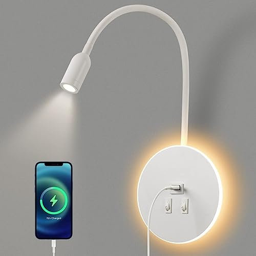 Lampada da Comodino, 3 in 1 Lampada da Parete LED con Lnterscrisser, Lampada da Lettura, Porta di Ricarica USB, Lampada da Lettura, Ereader Usb Flessibile Moderna Applique da Parete Camera (01)