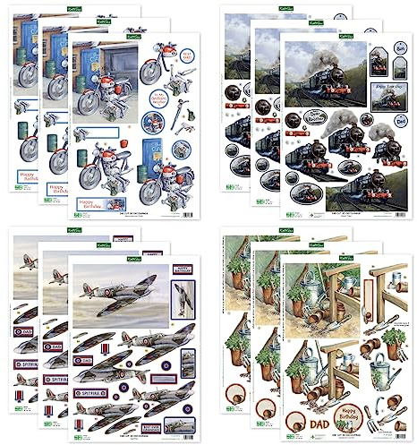 Katy Sue Hobbies - Planes, Trains, Automobiles, & Gardening 3D Die-Cut Decoupage Set for Card Making Supplies. Contains 12 Sheets of 3D Die-Cut Decoupage for Card Making and Paper Crafting
