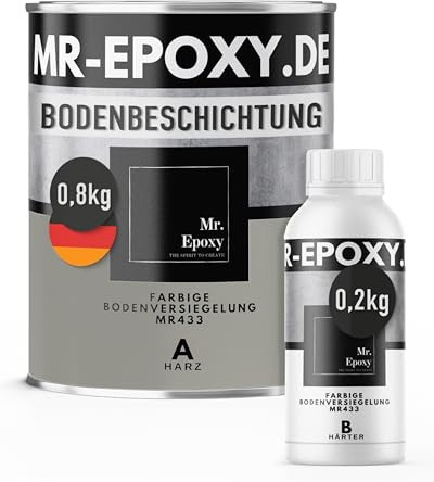 Mr. Epoxy Epoxidharz Bodenbeschichtung (1 kg, RAL 7030 Steingrau) - 2K Betonfarbe für Garagen, Keller & Werkstatt Boden - Flüssigkunststoff Epoxid Grundierung und Bodenversiegelung