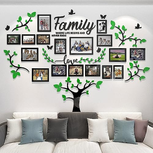 Adhesivo 3D con marco de fotos para pared, árbol genealógico, decoración de pared para dormitorio (207 x 146 cm, verde)