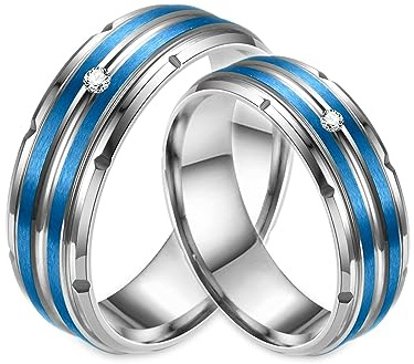 Gualiy Edelstahl Ring Set, Partner Verlobungsringe 8mm Silber und Blau Ring mit Zirkonia Ring Größe 52 (16.6)-70 (22.3)