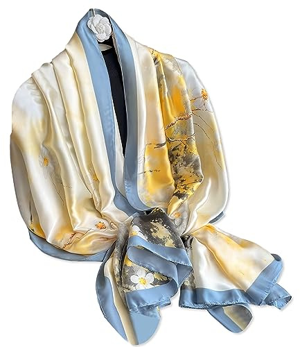 LumiSyne Femme Foulard En Soie Peinture à l'Encre Artistique Imprimé Fleur Élégant Légère Foulards Longue Écharpe Foulard De Tête En Satin Étole Châle Sarong De Plage Toutes Les Saisons