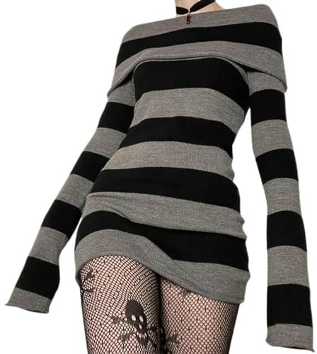 Y2K Randig Tröja Mini Klänning Mall Goth Grunge Emo Bodycon Chic Dam Off-shoulder Full Ärm Slim Fit Klänningar Vintage 00-tals-Svart-S