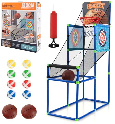 COSTWAY Kids Arcade Basketball Hoop, 2-in-1 Basketball Stand with Sticky Balls Game, Electronic Scoreboard, Sound Effect, Indoor Outdoor Sport Play Toy Set for Ages 3+