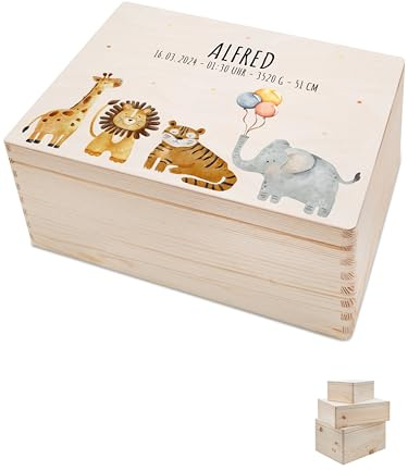 Bärenfreunde - Personalisierte Erinnerungsbox Baby mit Spezial-Druck - Individuelle Baby Erinnerungsbox - Erinnerungskiste aus Holz - Geschenk zur Geburt (S | Klappdeckel,Tiere Luftballons)