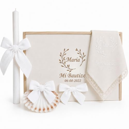 NENEL | Kit de Lujo para Bautizo Personalizado Bambula Blanco | Vela, Pañuelo Bordadas y Concha – Caja de Madera Grabada - Nombre y Fecha del Bautismo - Regalo Personalizable