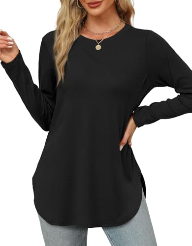 XIEERDUO Tunic Tops to Wear with Leggings Long Sleeve Shirts for Women School Outfits for Teachers Crewneck Basic Tops Black M