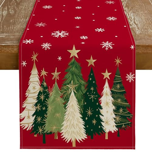 GEEORY Christmas Table Runner 13x72 Inch, Snowflakes Trees Winter Decor
