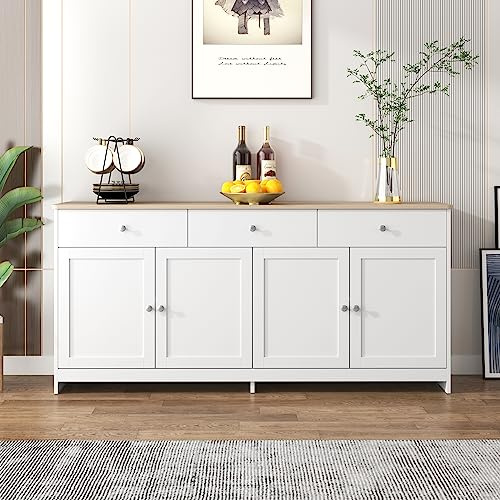 entapuk Buffet en Bois Blanc, Meuble de Rangement, Quatre Portes, Trois Tiroirs, étagère réglable, Cuisine, Salon, Salle À Manger- Plateau Aspect Bois Clai - 160 L X 37 B X 75h(cm)