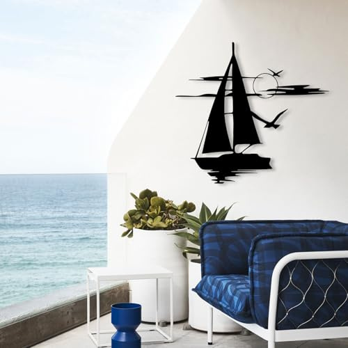 Metal Wall Art Sailboat, Sailing Boat Metal Wall Art, Metal Sun Wall Decor Outdoor, Boat Wall Decor, Seagull Wall Decor, Nautical Wall Decor, Wall Decor Living Room (Black, 31x29in|80x74cm)
