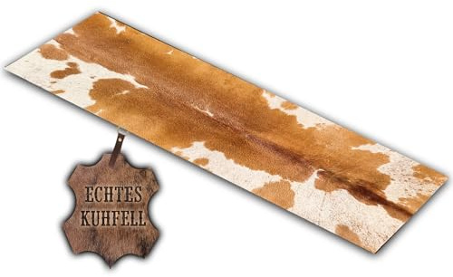 unendlich schoen – Echter Kuhfell Teppich klein, Läufer für Wohnzimmer Flur Eingangsbereich, Rinderfell für kleinere Flächen (braun Weiss, 120 x 40 cm)